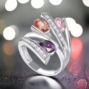 Sterling Silver Ring, purple pink  AAA CZ  faceted Stones, unique statement ring